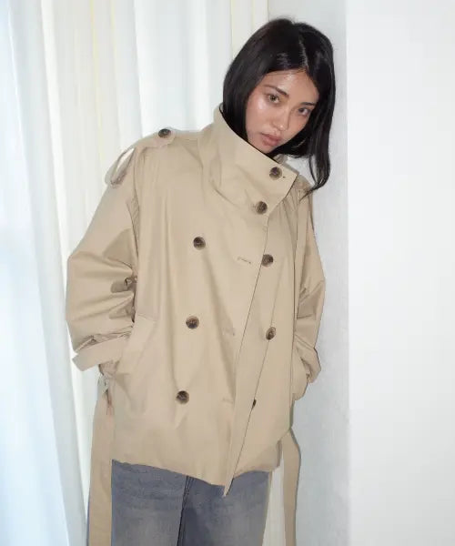 [CHICKS] High Neck Belted Half Trench Coat Jacket Beige / 하이넥 벨티드 하프 트렌치 코트 자켓 베이지