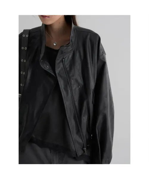 [8SECONDS] Faux Leather High Neck Blouson - Black / 페이크 레더 하이넥 블루종  블랙