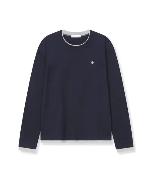 [SLOW RECORD HOUSE] Colorblock Layered Long Sleeve T-Shirt_Navy / 배색 레이어드 롱 슬리브 티셔츠_네이비