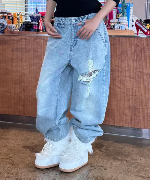 [NYXX] CROSS APLIQUE DENIM LIGHT BLUE