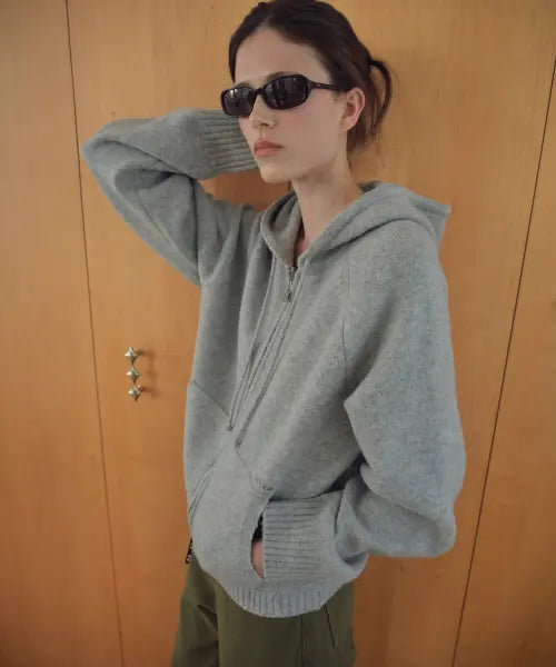 [CITTA] Soft Roll-Up Cuff Knit Hood Zip-up_CTK279(Melange Grey)
