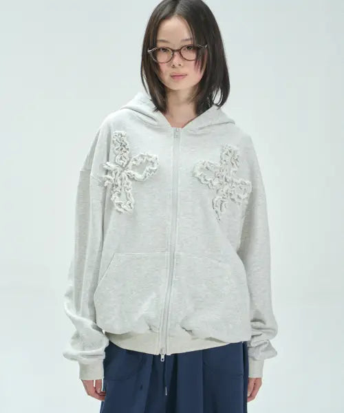 [SOME PLACE] Frill Flower Patch Point Basic Two-Way Sweat Oversized Hood Zip-Up Jacket [Back Melange] / 프릴 플라워 패치 포인트 베이직 투웨이 스웻 오버핏 후드 집업 자켓 [백메란지]