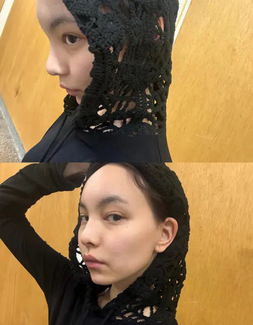 [GIMMETHEYOUNG] G_CROCHET HOOD TOP / BLACK