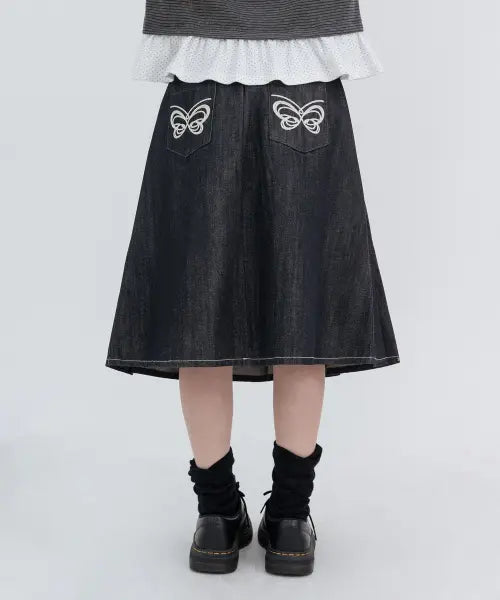 [HIGH SCHOOL DISCO] Denim Butterfly Skirts_Navy / 데님 버터플라이 스커트_네이비