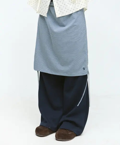 [SOME PLACE] Striped Color-Block Shirring Strap Layered Midi Skirt Wide Pants Set-up [Navy] / 스트라이프 배색 셔링 스트랩 레이어드 미디 스커트 와이드 팬츠 셋업 [네이비]