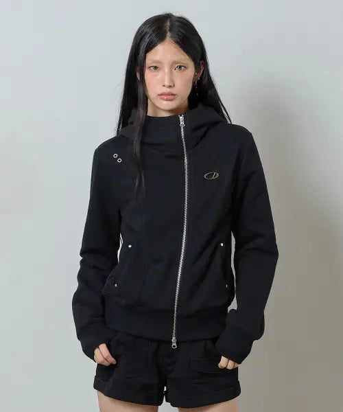 [ODDSTUDIO] Diagonal Cut Eyelet Hoodie Zip-up - BLACK / 사선 절개 아일렛 후드집업 - BLACK