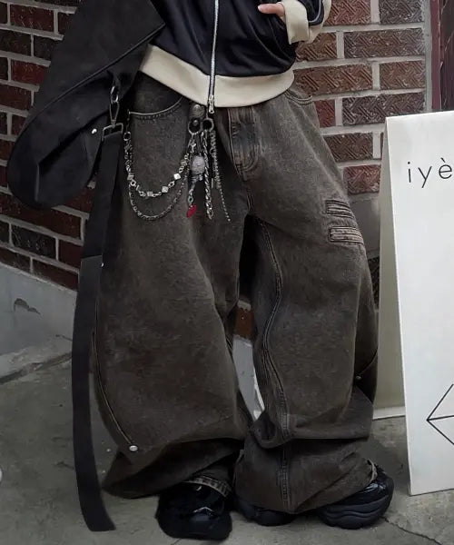 [XTONZ] XP340 Front Zip Multi Pocket Curved Denim Pants (Brown) / XP340 프론트 지퍼 멀티 포켓 커브드 데님 팬츠 (BROWN)