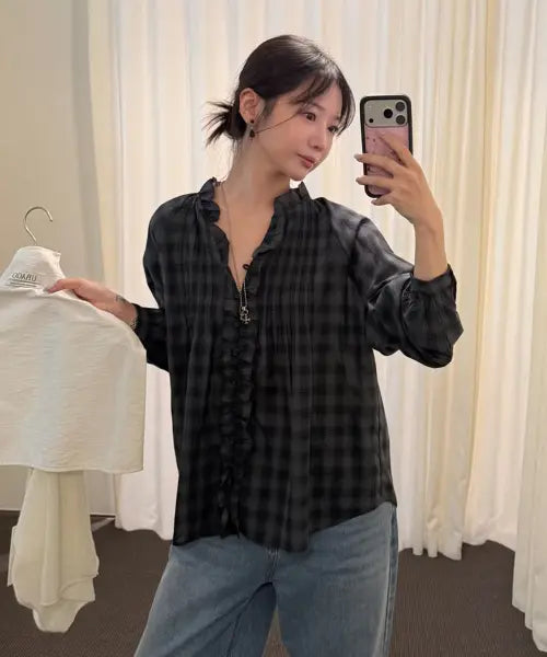 [URAGO] Check frill pintuck blouse_2colors