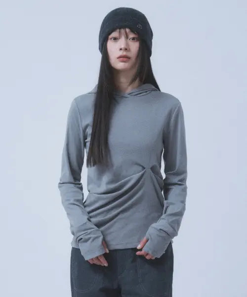 [TUOMIO] DRAPED HOODED LONG SLEEVE [GREY]