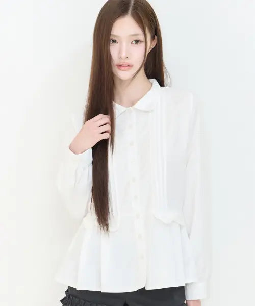 [ILLIGO] PLEATS DOUBLE BOW BLOUSE WHITE / 플리츠 더블 보우 블라우스 화이트