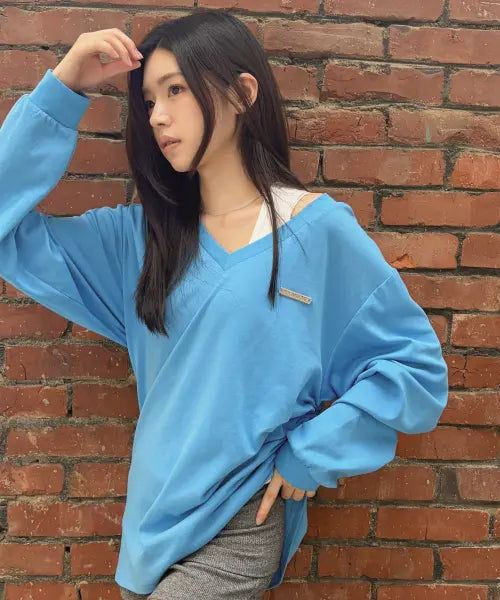 [ROGIN N ROSIE] V-Neck Oversized One Shoulder 2 in 1 Blue\u0026White