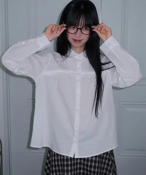 [SOME PLACE] Ruffle Detail Round Collar Open Semi-Oversized Long Sleeve Shirts Blouse_2COLOR / 프릴 디테일 라운드 카라 오픈 세미 오버핏 긴팔 셔츠 블라우스_2COLOR
