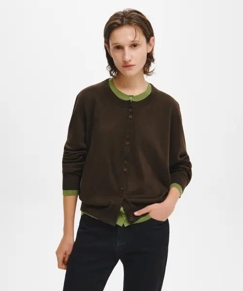 [GENERALIDEA] woman double layered relax crew neck cardigan [dark brown] / 더블 레이어드 크루넥 가디건 [DARK BROWN] / GF7LKC509