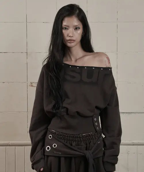 [AS YOU ARE] ONE-SHOULDER BUTTON-RIPPED SWEATSHIRT CHARCOAL / 원숄더 버튼 립 스웻셔츠 차콜