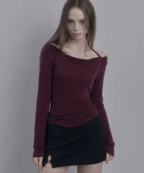 [DAMIO] Draped Buckle Halter Top (Plum)