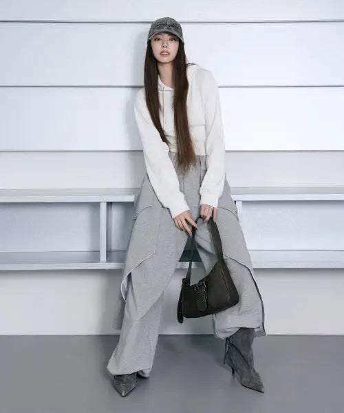 [TREEMINGBIRD] Raw-Edge Layered Sweat Pants [ Melange Gray ]