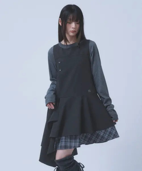[TUOMIO] HIDDEN CHECK MIDI DRESS [BLACK]