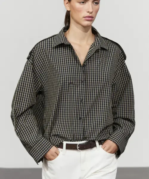 [MASSIMO DUTTI] 100% Cotton Checkered Shirt with Shoulder Detail / 100% 코튼 체크 셔츠 숄더 디테일