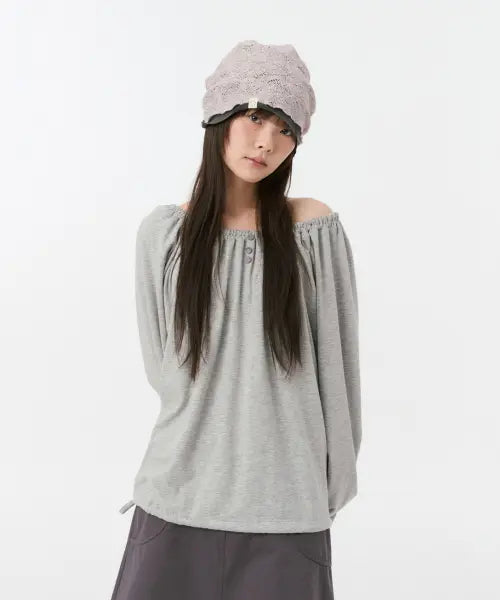 [OHESHIO] STRING BOAT NECK JERSEY BLOUSE, GRAY