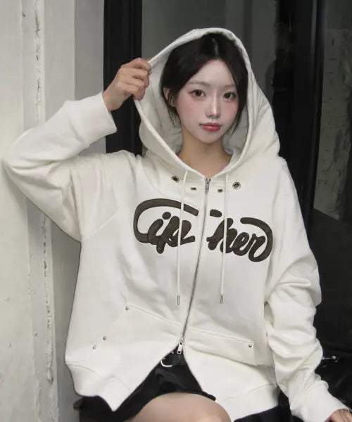 [KIND CIPHER] CAMO APPLIQUE PATCH HOOD ZIP UP IVORY / 카모 아플리케 패치 후드집업 아이보리