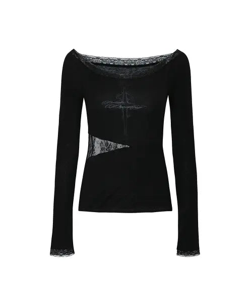 [PAINORPLEASURE] LACE BOATNECK TOP black