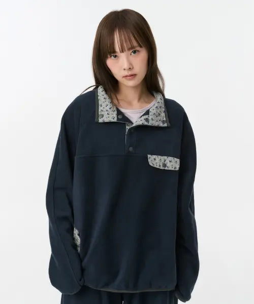 [OHESHIO] Floral Contrast Fleece Pullover, Navy