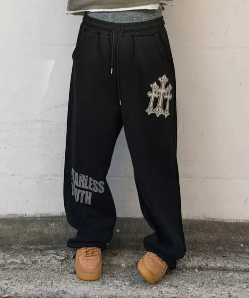 [SUPERSUB] Cross Symbol Graphic Wide Sweat Pants - Black / 크로스 심볼 그래픽 와이드 스웨트 팬츠-블랙