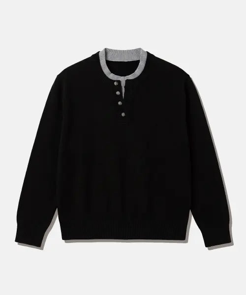 [UNDEROFF] Henley Neck Colorblock Layered Crop Knit Black / 헨리넥 배색 레이어드 크롭 니트 블랙