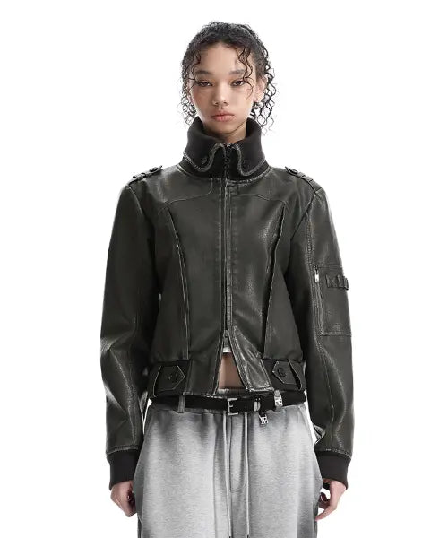 [TREEMINGBIRD] High-Neck Leather Bomber Jacket [ Gray ]