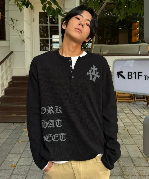[SUPERSUB] Cross Waffle Henry Neck Cropped Long Sleeve T-shirt - Black / [크롭]크로스 와플 헨리넥 긴팔 티셔츠-블랙