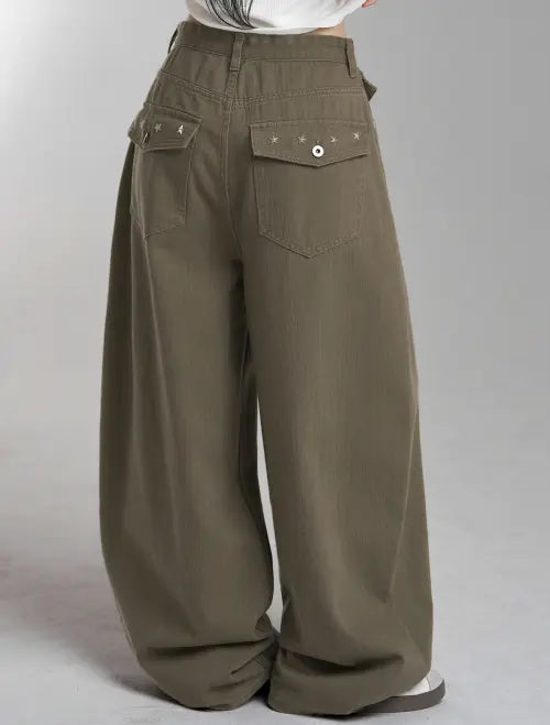 [LOOXP] Stud Back Pocket Cotton Balloon Long Pants - Brown / 스터드 백포켓 코튼 벌룬 롱팬츠 브라운