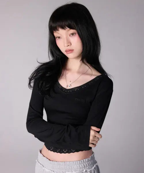 [YOUHEE] LACE V-NECK LONG SLEEVE_BLACK / [셀럽 착용] LACE V-NECK LONG SLEEVE_BLACK