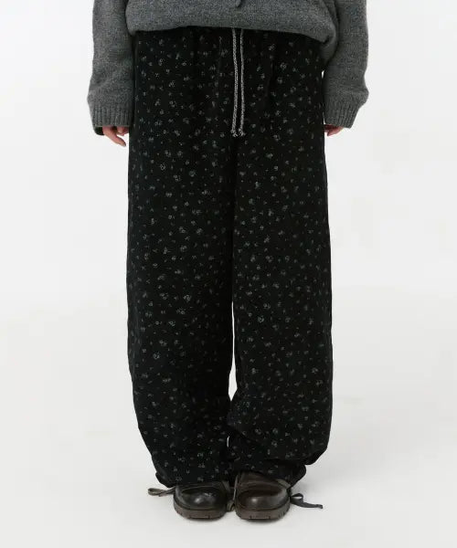 [OHESHIO] Floral Corduroy Banding Pants, Black