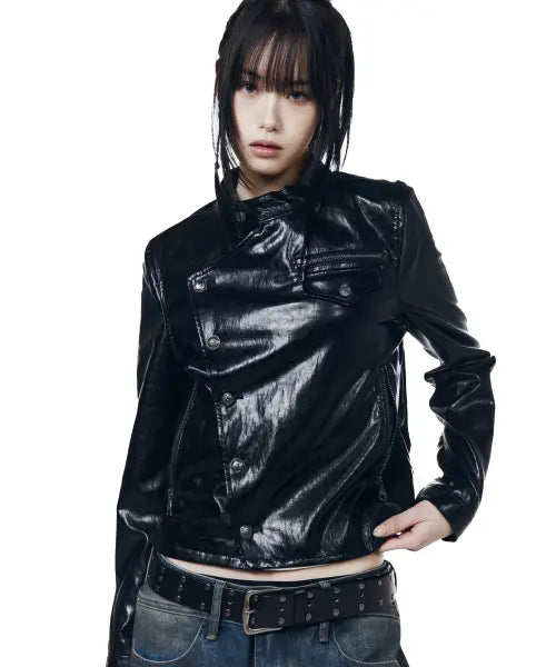 [AAKAM] Slant Studded Leather Jacket (Black)