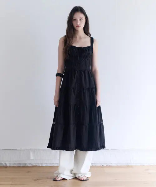 [ROLAROLA] PEASANT SHIRRING LONG ONE PIECE BLACK