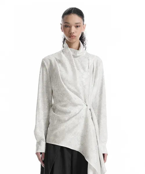 [TREEMINGBIRD] Draped High-Neck Blouse [ Ivory ]