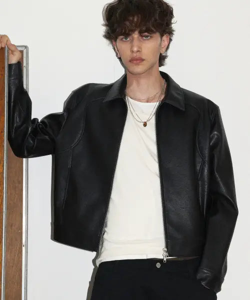 [DOFFJASON] Contour Crop Leather Jacket, Black / 컨투어 크롭 레더 자켓 BLACK