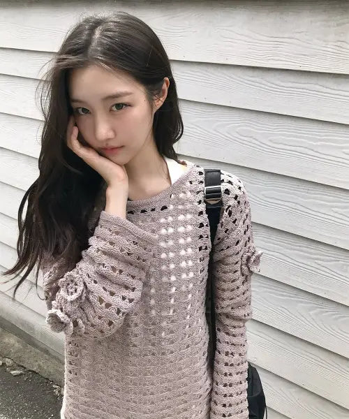 [SINOON] Flower Crochet Knit (Ash Brown)