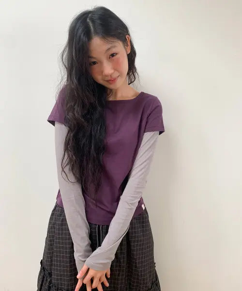 [OHESHIO] FLORAL LABEL LAYERED T-SHIRT, PURPLE