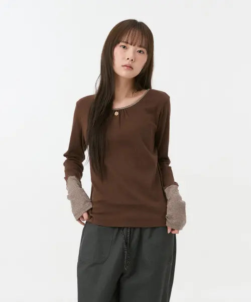 [OHESHIO] SHIRRING COLOR BLOCK LONG SLEEVE, BROWN