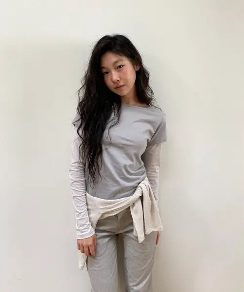 [OHESHIO] FLORAL LABEL LAYERED T-SHIRT, GRAY