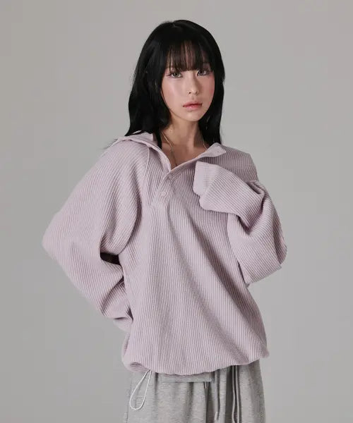 [ESCAPEFROM] ESCF Logo-Detail Waffle Henley Neck Hoodie Pink / ESCF 로고 포인트 와플 헨리넥 후드티 핑크