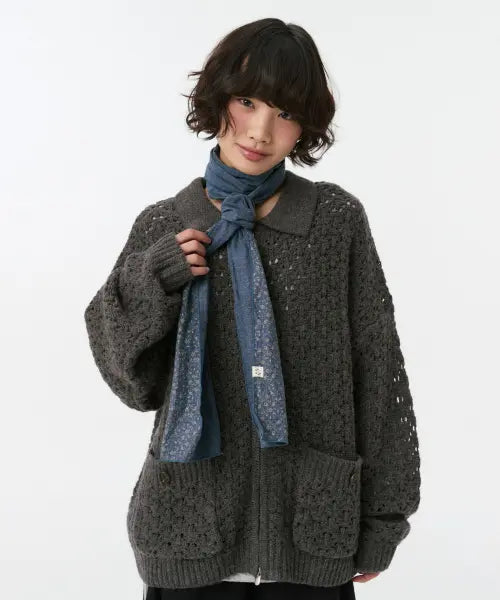 [OHESHIO] Crochet Knit Zip-Up Hoodie, Charcoal / CROCHET KNIT ZIP-UP, CHARCOAL