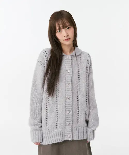 [OHESHIO] Punching Round Collar Cardigan, Light Gray