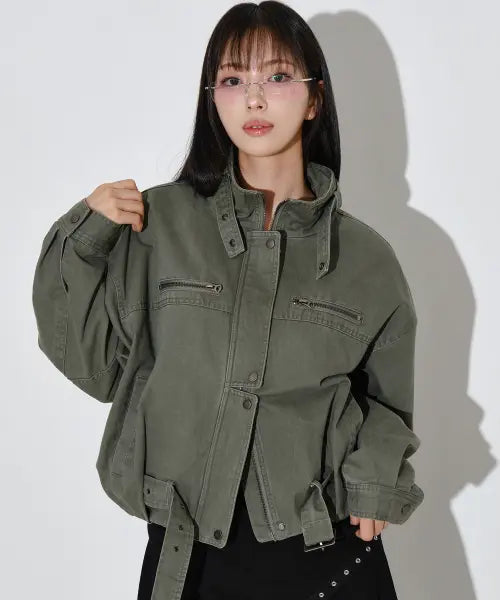 [HELENE PARIS] Utility Pocket Military Short Bomber Jacket [Khaki] / 유틸리티 포켓 밀리터리 숏 야상 자켓 [카키]