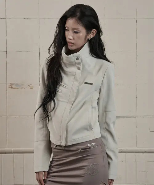 [AS YOU ARE] HIGH-NECK BIKER LEATHER JACKET IVORY / 하이넥 바이커 레더 자켓 아이보리