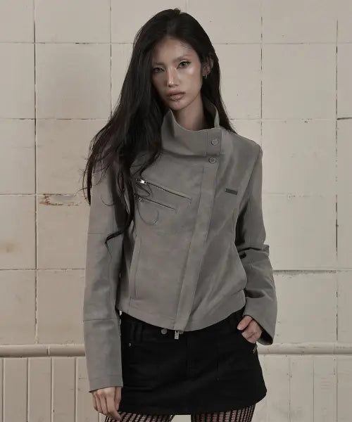 [AS YOU ARE] HIGH-NECK BIKER LEATHER JACKET CHARCOAL / 하이넥 바이커 레더 자켓 차콜