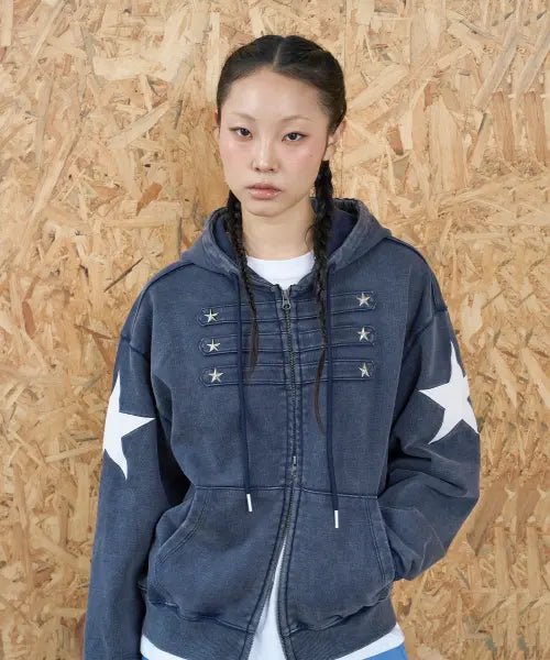 [LOSERS CLUB] Napoleon Star Studded Two-Way Hooded Zip-Up Navy / 나폴레옹 스타 스터드 투웨이 후드 집업 네이비