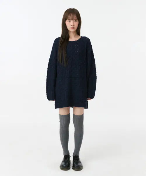 [OHESHIO] NUBBY TEXTURED HALF KNIT, NAVY