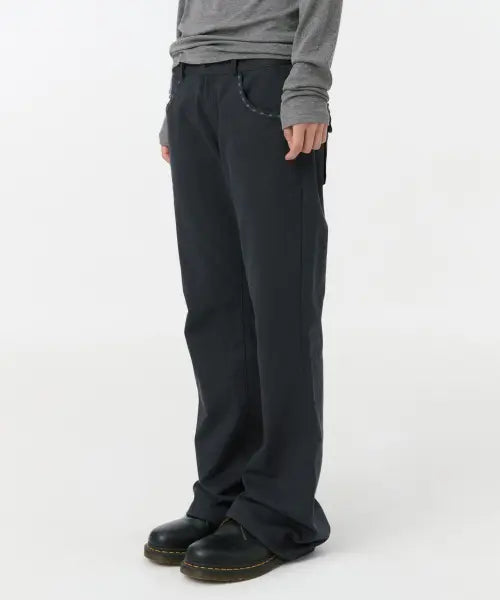 [OHESHIO] Embroidery Pocket Bootcut Pants, Navy